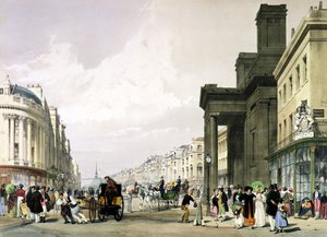 Regent Street, ön planda Hanover Şapeli ve alışveriş yapanların gezindiği Çeyrek