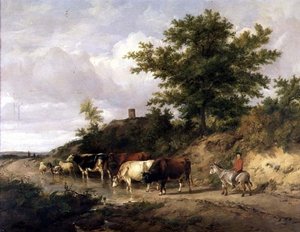 Bir eşeğin üzerinde bir çocuk ve bir ford, sığır ile ormanlık manzara by Thomas Sidney Cooper