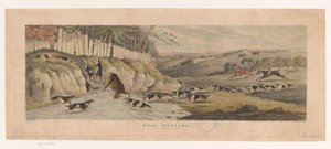 Tilki tazı sürüsü, Stag Hunting'de bir geyiği havuza kovalar (nesne üzerindeki başlık) by Thomas Sutherland