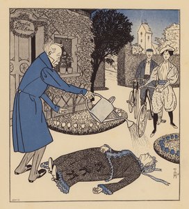 Bayılan karısını ayıltmaya çalışan adam (renkli lito) by Thomas Theodor Heine