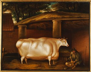 Ahır bahçesinde şalgam dilimleyen bir adamla seyahat eden Beyaz Düve, 1811 by Thomas Weaver