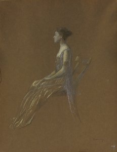 Sarı Elbiseli Oturan Bayan (kağıt üzerinde pastel) by Thomas Wilmer Dewing