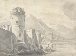Tekne merkezi ve uzaktaki Dağlar ile bir Nehir Kıyısından (İtalya'da?) Dik bir şekilde yükselen Müstahkem Binalar by Thomas Wyck