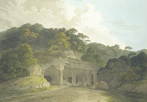 Elephanta Mağarasının Girişi, 'Doğu Manzarası: Hindustan'da Yirmi Dört Manzara'dan 58 numaralı levha, 1800'de yayınlandı by Thomas und William Daniell