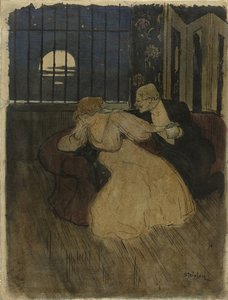 Etekli beyefendi kanepede şüphelenen bir bayanı ikna etmeye çalışıyor. by Théophile Alexandre Steinlen