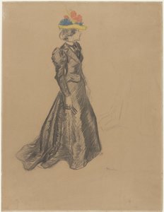 Tren ve yaz çiçekli renkli hasır şapka ile komple siyah duran kadın by Théophile Alexandre Steinlen