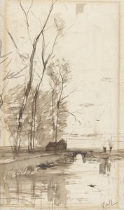 Uzun ağaçlar, bir çiftlik ve bir köprü ile kanal manzarası by Théophile de Bock (possibly)