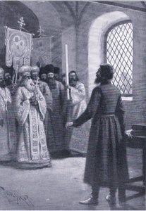 Boris Godunov manastırda emekli olarak, Çar olarak seçilmesini kabul etmesi için yalvardı, Gresham Publishing Co tarafından yayınlanan Landmarks in European History, c.1920 (lito) by Thure de Thulstrup