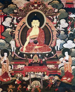 Buda iki büyük öğrencisi Cariputra ve Maudgalyayana arasında oturuyor, Tibet uygarlığı olan Buddha Sakyamuni