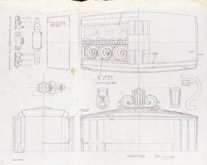 1939 Dünya Fuarı için yapılmış bir Tiffany & Co. sergi merkezi ve iki adet üç ışıklı şamdan için tasarım çizimi, c.1939 (kağıt üzerine mürekkep) by Tiffany and Company