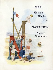 19. yüzyılın sonlarında kumsaldaki çocukları temsil eden M ve N harfleri (kromolitograf) by Timoleon Marie Lobrichon