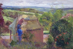 Thatching the Summer House, Lanhydrock House, Cornwall, 1993 by Timothy Easton
