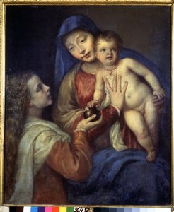 Meryem Ana ile Bakire ve Çocuk (Madonna ve Magdalalı Meryem ile Çocuk). Titian tarafından boyama (Tiziano Vecellio veya Vecelli veya Tiziano da Cador)
