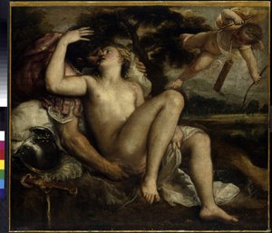 Mars, Venüs ve Aşk Tanrısı. Tiziano Vecelli veya Vecellio veya Tiziano da Cador tarafından yapılmış, Titian veya Le Titien olarak bilinen (1490-1576 dolaylarında), tuval üzerine yağlı boya, yaklaşık 1530. İtalyan sanatı (Venedik)