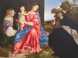 Aziz Catherine ve Dominic ve bağışçı ile kutsal sohbet, c.1533 (tuval üzerine yağlı boya) by Titian (c.1488 1576)