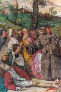 Aziz Anthony ayağı genç bir adama yeniden takıyor, Azizler Okulu, 2197268 detayı (fresk) by Titian (c.1488 1576)