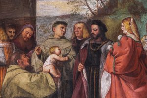 Annenin masumiyetini ilan eden Bebek, kuzey duvarı, Aziz Okulu, 2195188 ve 2195385 detayı by Titian (c.1488 1576)