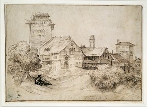 Alp köyü ve kucaklaşan aşıklar (kağıt üzerine kalem ve mürekkep) by Titian (c.1488 1576) (after)
