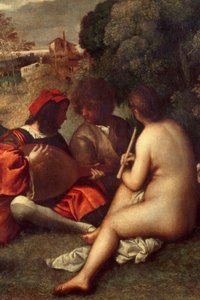 Grup konseri Müzisyenler çimenlerin üzerinde, kadınlar çıplak. Detay. Tiziano Vecellio dit le Titian (1485-1576) veya Giorgio da Castelfranco dit Giorgione (1476/1478-1510) Sun