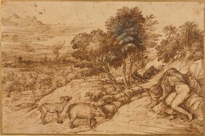 Çıplak bir kadının başını bir pelerinle gizlediği odunsu bir manzara (kremalı kağıt üzerine kalem ve kahverengi mürekkep) by Titian (c.1488 1576)