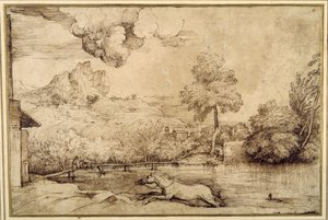 Manzara: Bir yılanın takip ettiği binicisiz bir at (krem renkli kağıt üzerinde kalem ve kahverengi mürekkep) by Titian (c.1488 1576)