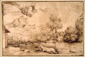 Manzara: Bir yılanın takip ettiği binicisiz bir at (krem kağıt üzerinde kalem ve kahverengi mürekkep) by Titian (c.1488 1576)