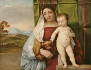 ""Madonna zingarella"" (La madone bohemienne) (Çingene Madonna) Tablo Tiziano (Titian veya Titian) (1488-1576) yaklaşık 1510 - Ahşap üzerine yağlı boya Dim 65.5x83.5 cm Sanat Tarihi Müzesi, Viyana by Titian (c.1488 1576)