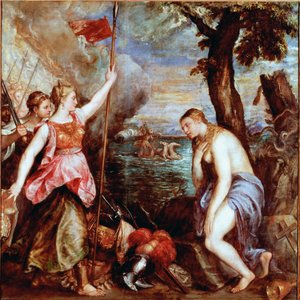 Dinin yardımına İspanya: 1571'de Lepante deniz savaşında Papa V. Pius'un (İspanya dahil) birliklerinin Osmanlı İmparatorluğu donanmasına karşı kazandığı zaferin alegorisi. İspanya. Tablo