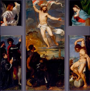Diriliş “” Bakire” “” Saint Sebastian”” ve sponsorlar. Averoldi poliptiğinin panelleri. Titian (yaklaşık 1490-1576) 16. yüzyıl Brescia, Aziz Nazzaro Kilisesi ve Celso adlı Tiziano Vecellio tarafından ahşap üzerine boyama by Titian (c.1488 1576)