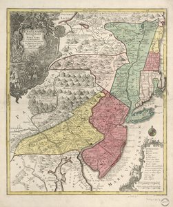 Rölyef resimli olarak gösterilmiştir. Ayrıca New England (çarpık) ve kuzey Chesapeake bölgesini de kapsar. Latince başlık; Almanca ve Latince notlar; Latince, Almanca ve İngilizce efsane. Tanımlanamayan meridyen. Kol ile gösterilen iller. yıkar; il ve ilçe by Tobias Conrad Lotter