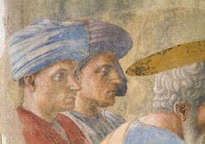 Aziz Petrus Neofitleri Vaftiz Eder: sarıklı iki gözlemcinin detayı, c.1427 fresk by Tommaso Masaccio