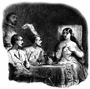 Şarap kadehlerinin önünde duran genç bir kadın ve üç erkek. -Tony Johannot (Antoine Johannot, dit) tarafından yapılmış bir gravürün (oyma) detayı. by Tony Johannot