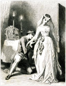 Mum ışığında bir iç mekanda güzel nişanlısının ayaklarına kapanmış iç çeken aşık - romantik elbiseli ve saç modelli kız - Tony Johannot (Antoine Johannot dit) tarafından gravür (gravür 1845)