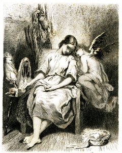 Genç kadın (iplikçi) çarkının başında uyuyor - bir melekot omzunun üzerinden eğiliyor - uyku - rüya - hayal - aşk - Tony Johannot (Antoine Johannot dit) tarafından gravür (gravür 1845) by Tony Johannot
