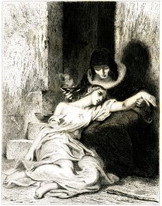 Gözle görülür şekilde acı çeken (hasta) genç kadın, kendisine iksir (ilaç) içiren yaşlı bir kadının dizlerine kapanmış - Tony Johannot (Antoine Johannot dit) tarafından gravür (gravür)