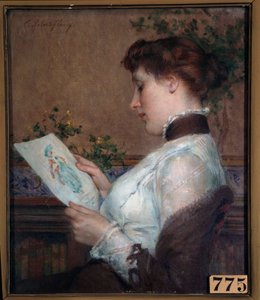 Resim Bir çizime hayran olan bir kadın. Tony Robert Fleury (1837-1912) tarafından yapılan resim 19. yüzyıl Orleans, Musee des Beaux Arts