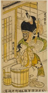 Aktör Ichikawa Danjuro II, Kenkaya Gorouemon olarak ve Segawa Kikunojo I, "Hatsugoyomi Akinai Soga" oyununda Osen olarak, Nakamura Tiyatrosu
