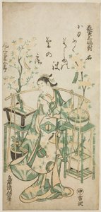 Aktör Onoe Kikugoro I, "Çiçek Satıcısı Üç Parçası (Hanauri sanpukutsui)"nin sağ sayfası by Torii Kiyomasu II