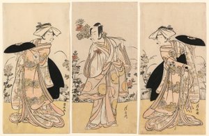 Moto Mishi Yuki Sakae Hachi-no-ki (Nidaime Bando Mitsugoro no Tennen no mansaku-) dramasından sahnede Tennen no Mansaku-kitsune rolünde Bando Mitsugoro II ve Nikaido Shinanonosuke rolünde Ichikawa Monnosuke III ve Okura no Kojoro-kitsune rolünde Iwai Hansh by Torii Kiyonaga