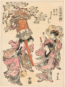 "Sanno Mabedi Festivali (Sanno go-sairei)" serisinden Dört Mevsim Çiçekleriyle Süslenmiş Fener (Hirakawa-cho Yamamoto-cho shiki no hana mando) Taşımak by Torii Kiyonaga