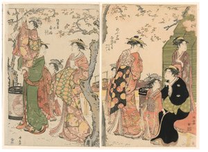 Çiçek Açan Kiraz Ağaçlarının Altında Nezaketçiler ve Çocuk Refakatçiler by Torii Kiyonaga
