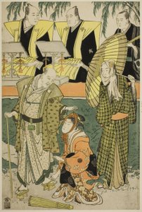 Aktörler Bando Matakuro IV Chubei olarak, Osagawa Tsuneyo II Umegawa olarak ve Nakamura Katsugoro Magoemon olarak, "Keisei Koibikyaku" oyununda, Morita Tiyatrosu