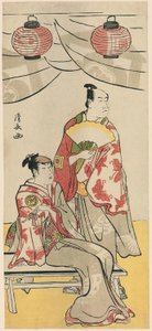 Soga kardeşlerin tapınağının festivalini kutlayan on bir aktörün beşli bir parçasından Aktörler Ichikawa Monnosuke II ve Segawa Kikunojo III by Torii Kiyonaga