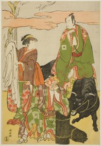 Aktörler Ichikawa Monnosuke II, Miyukinosuke olarak, Segawa Kikunojo III, Hatsune-hime olarak ve Ichikawa Danjuro V, Ninnaji no Saibei olarak, joruri "Shitenno Oe no Yamairi"de Kiri Tiyatrosu'nda, 1785 by Torii Kiyonaga