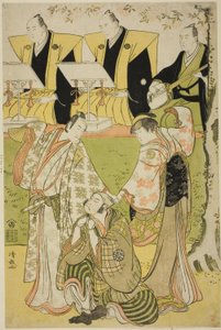 Aktörler Ichikawa Monnosuke II Munesada olarak, Segawa Kikunojo III fahişe Sumizome olarak ve Nakamura Nakazo I Sekibei olarak, "Tsumoru Koi Yuki no Seki no To" oyununda Kiri Tiyatrosu