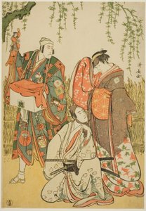 Aktörler Shiragiku olarak Ichikawa Yaozo III, kuklacı Dekurokubei olarak Ichikawa Danjuro V ve Soga no Juro olarak Sawamura Sojuro III, joruri "Shinobukoi Yanagi no Katsura Otoko"da Nakamura Tiyatrosu