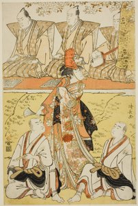 Aktörler Segawa Kikunojo III Koito olarak, Sawamura Sojuro III keşiş Sainenbo olarak ve Ichikawa Monnosuke II keşiş Renseibo olarak, "Mata Saku Hana Museume Dojoji" shosa