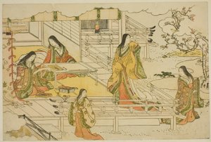 Yeni Yılın İlk Kaligrafisi (Kissho hajime), "Üçlü Şafağın Renkleri (Saishiki mitsu no asa)" adlı resimli kitaptan by Torii Kiyonaga