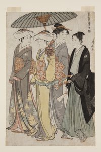 Hizmetçi Kadın ve Genç Adamla Bir Sancaktarın İki Kızı (renkli tahta baskı) by Torii Kiyonaga