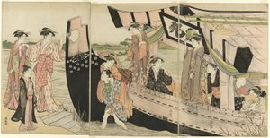 Sumida Nehri Üzerinde Bir Gezi Teknesinden Karaya Gelen Kadınlar by Torii Kiyonaga